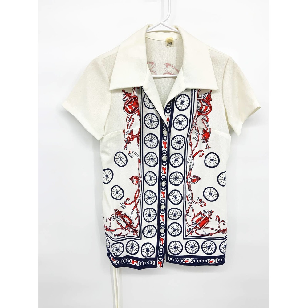 Vintage 60s 70s Collared Shirt Multicolor Printed Button Up Size 16